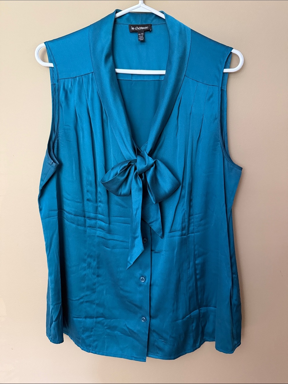 le chateau Teal Bow Front Sleeveless Silk Blouse